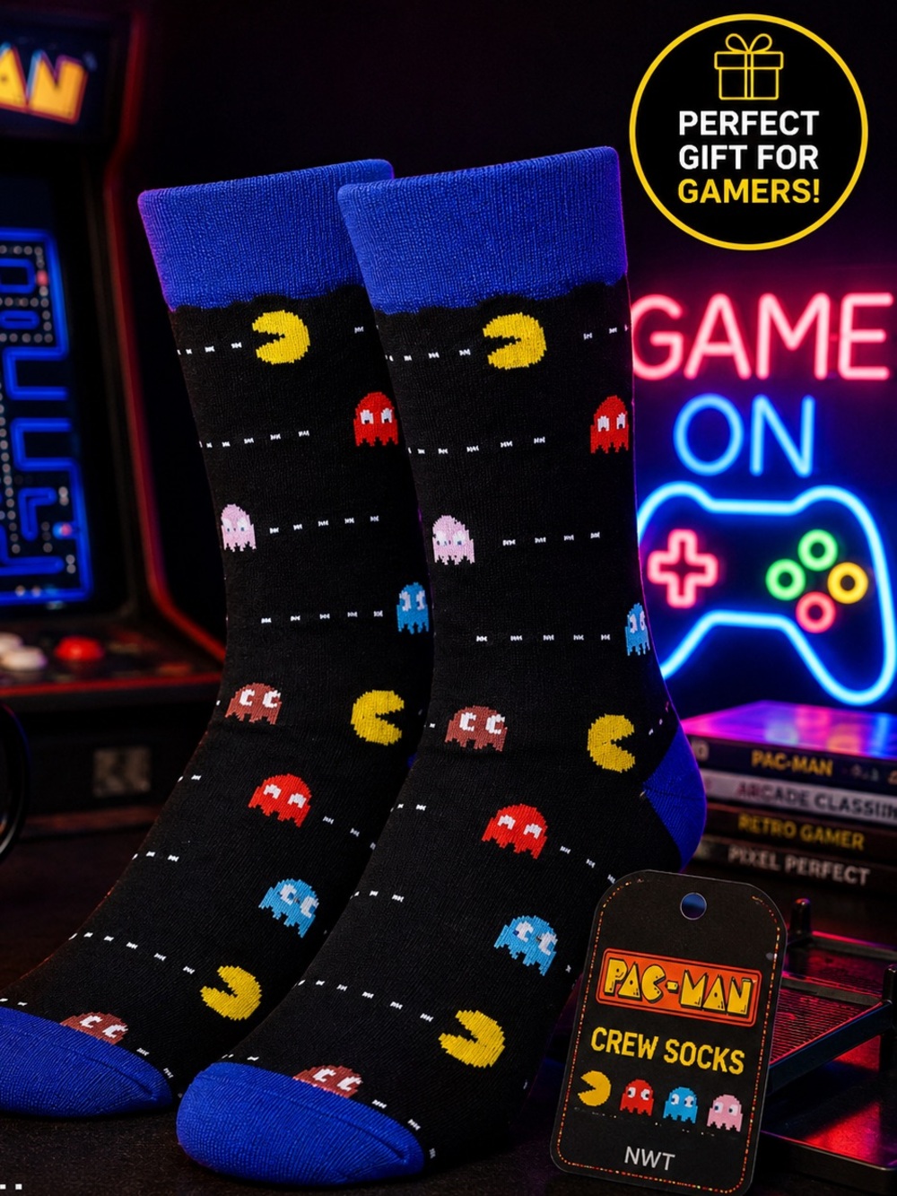 NEW Pac-Man Retro Gamer Crew Socks Gift Idea Arcade Nostalgia